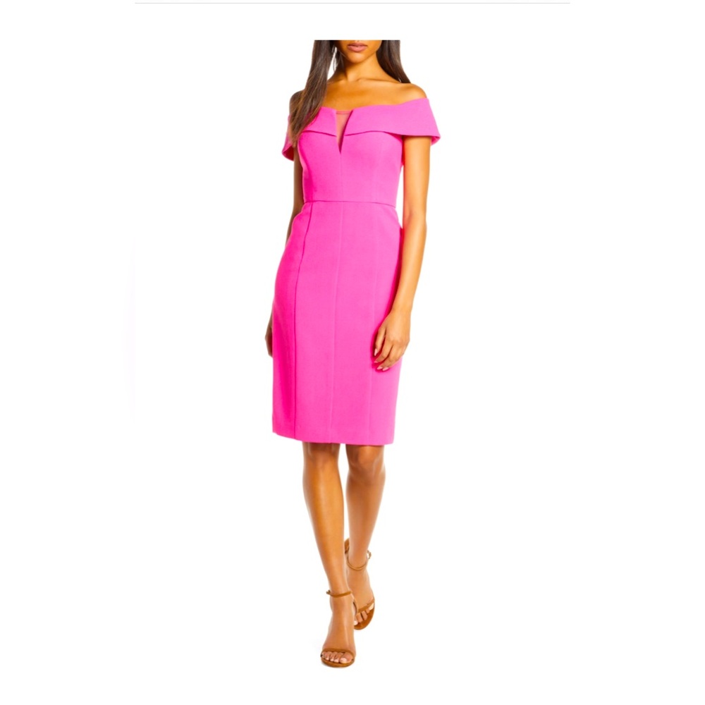 Vince Camuto Off the Shoulder Crepe
Sheath Dress.  Hot pink
